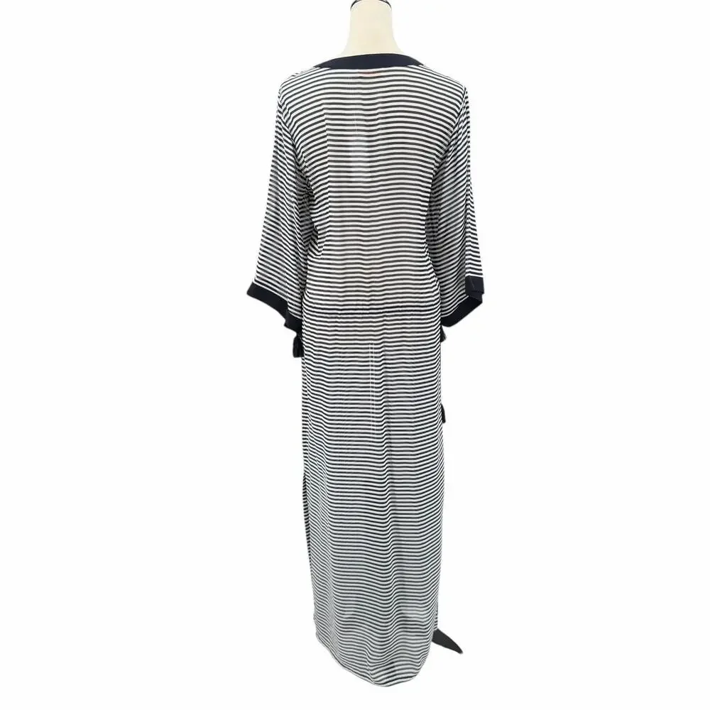 Tory Burch NWT Clemente Navy White Stripe 100% Silk Sheer Long Caftan Coverup